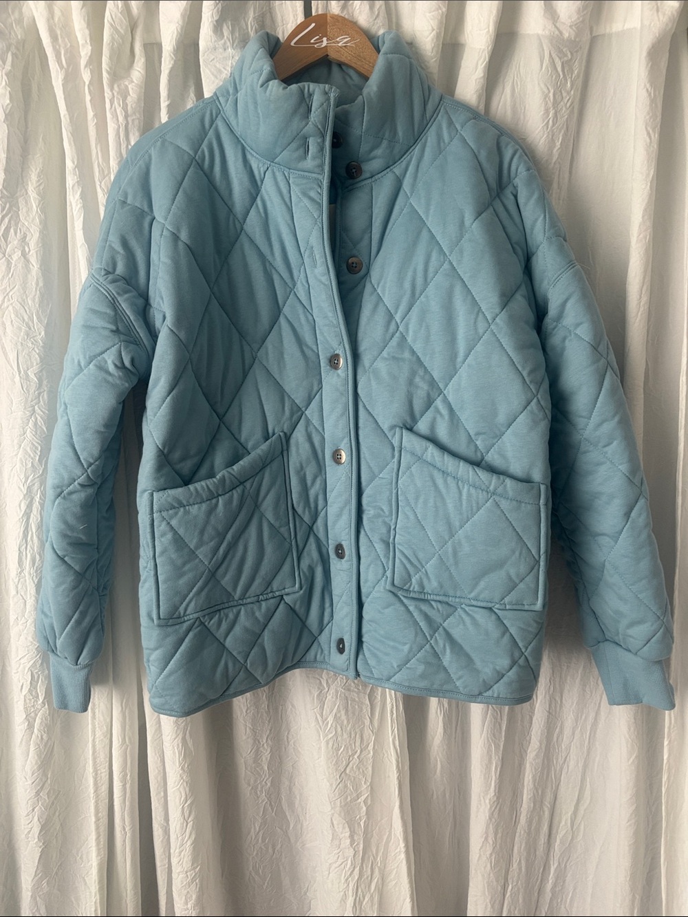Francesca's Collections Light Blue Quilted Button Puffer Jacket